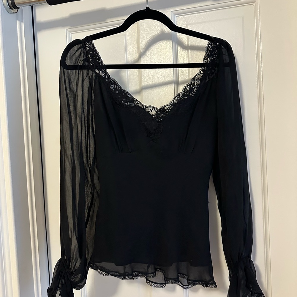 Vintage Betsey Johnson 100% Silk Black Lace Trim Top
